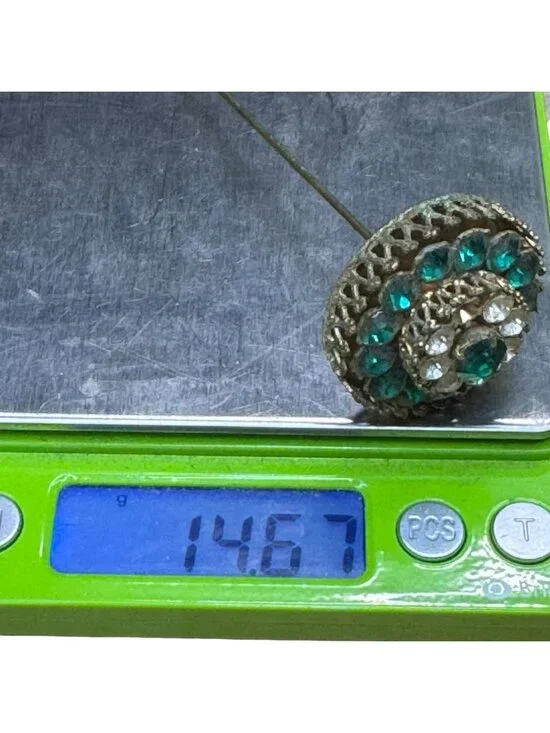 Vintage Gold-Tone Hat Pin Emerald Green & Clear Rhinestones Filigree Flower READ - Picture 7 of 10